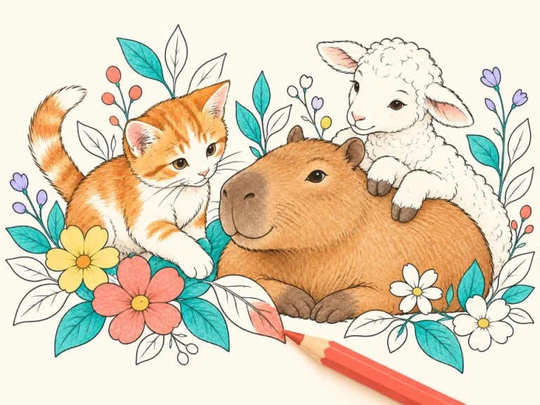 Gatito, capibara y cordero entre flores y hojas parcialmente coloreadas