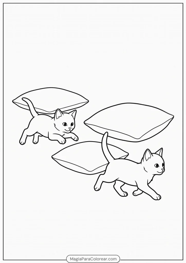 Dos gatitos persiguiéndose entre tres cojines para colorear