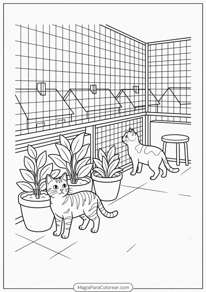 Dos gatos explorando un balcón protegido con plantas y tejados para colorear