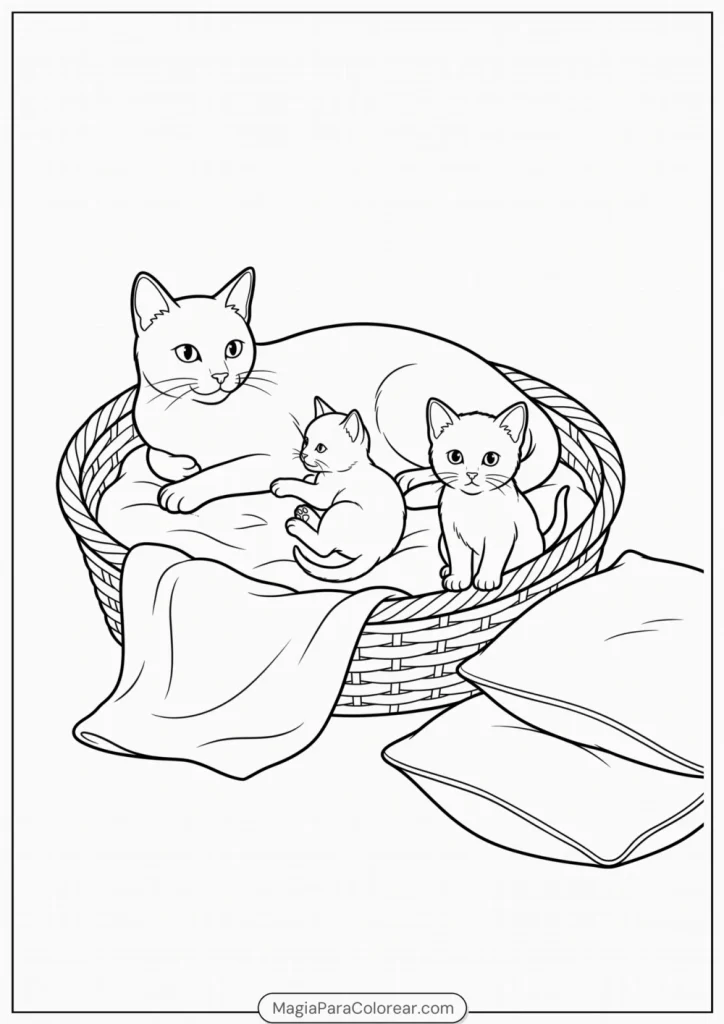 Gata descansando con dos gatitos en una cesta para colorear