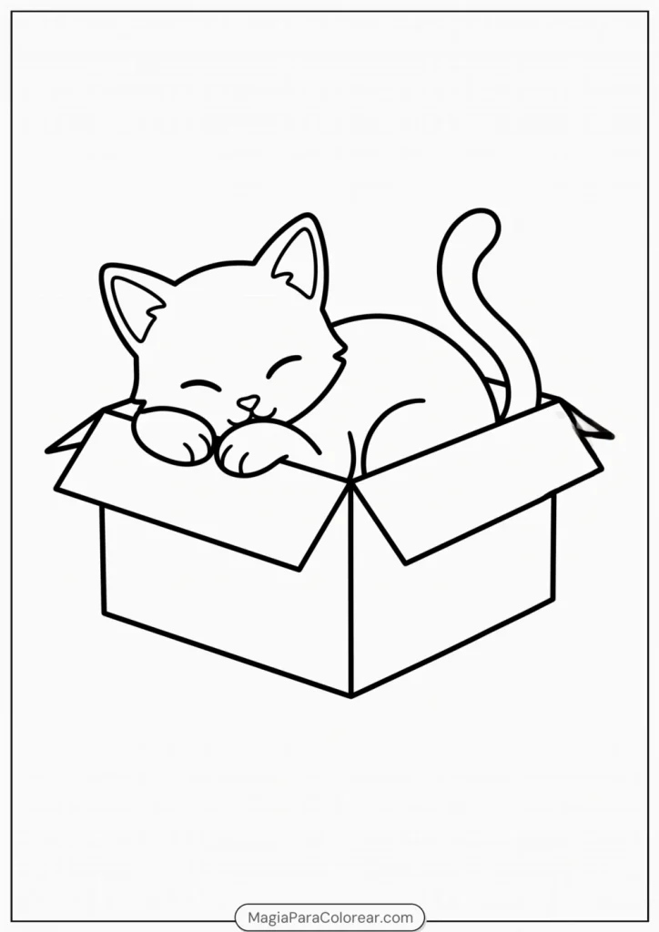 Gatito acurrucado dentro de una caja abierta para colorear