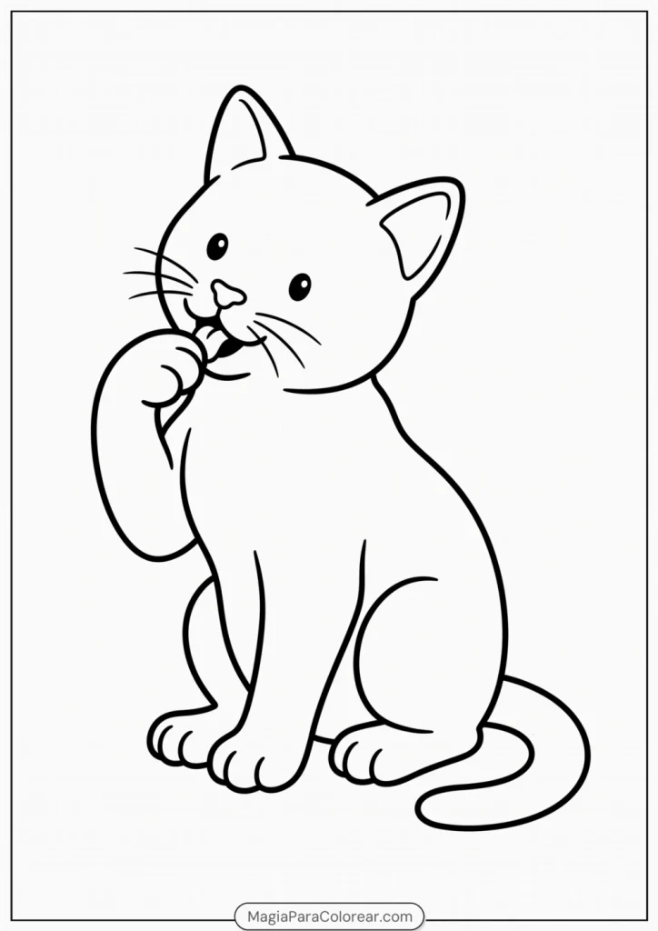 Gatito sentado lamiéndose una pata levantada para colorear