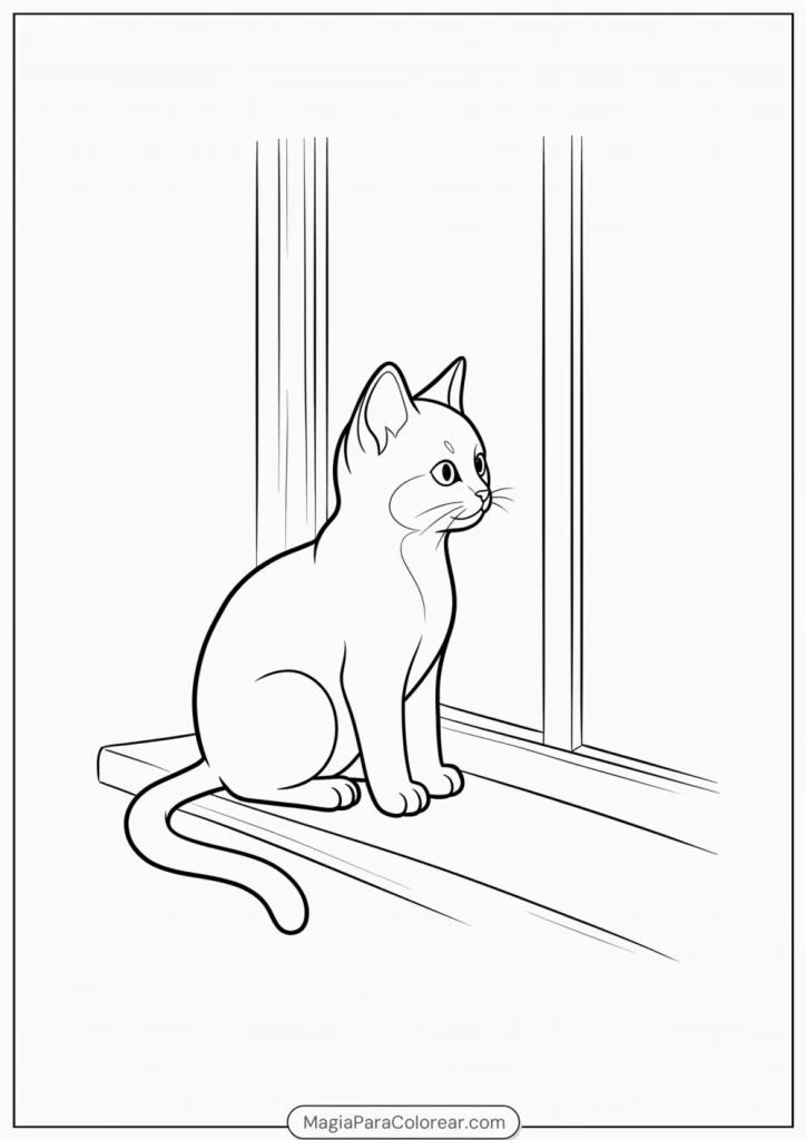 Gatito sentado en un alféizar mirando por la ventana para colorear