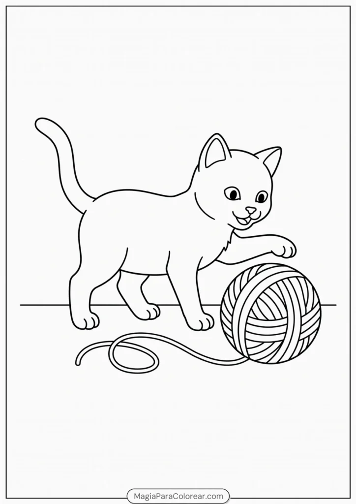 Gato jugando con un ovillo de lana que se desenrolla para colorear