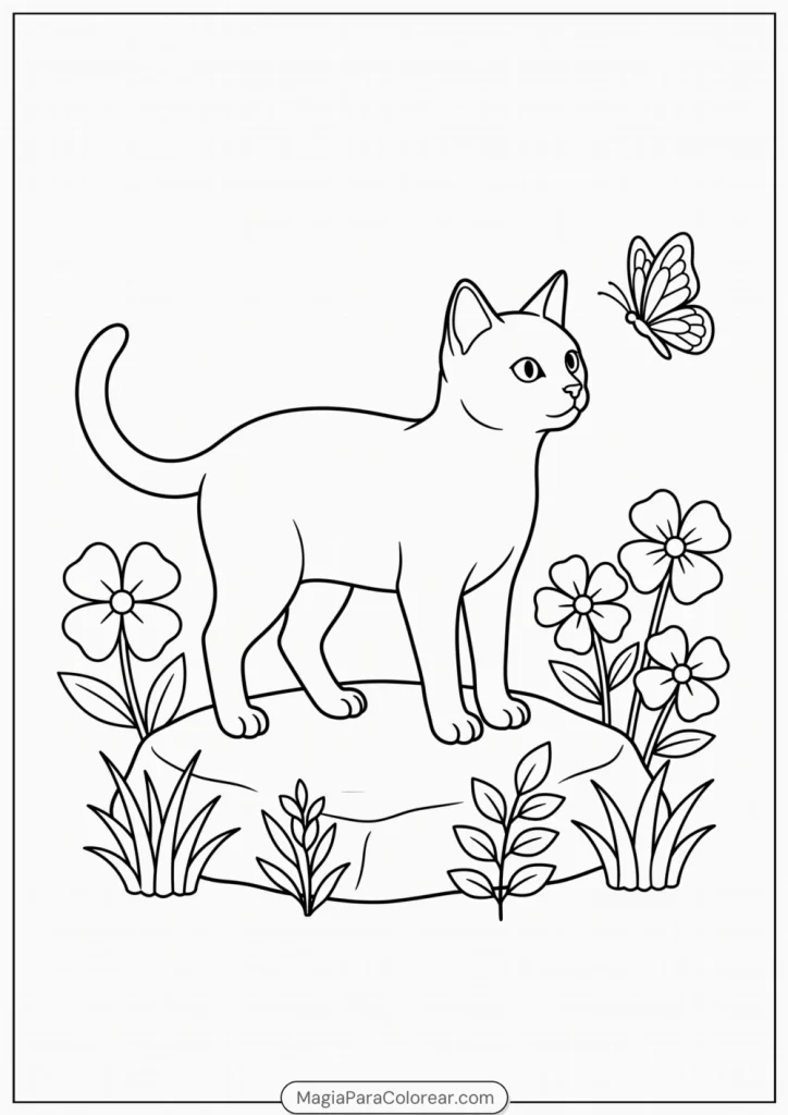 Gato sobre una piedra observando una mariposa en el jardín para colorear