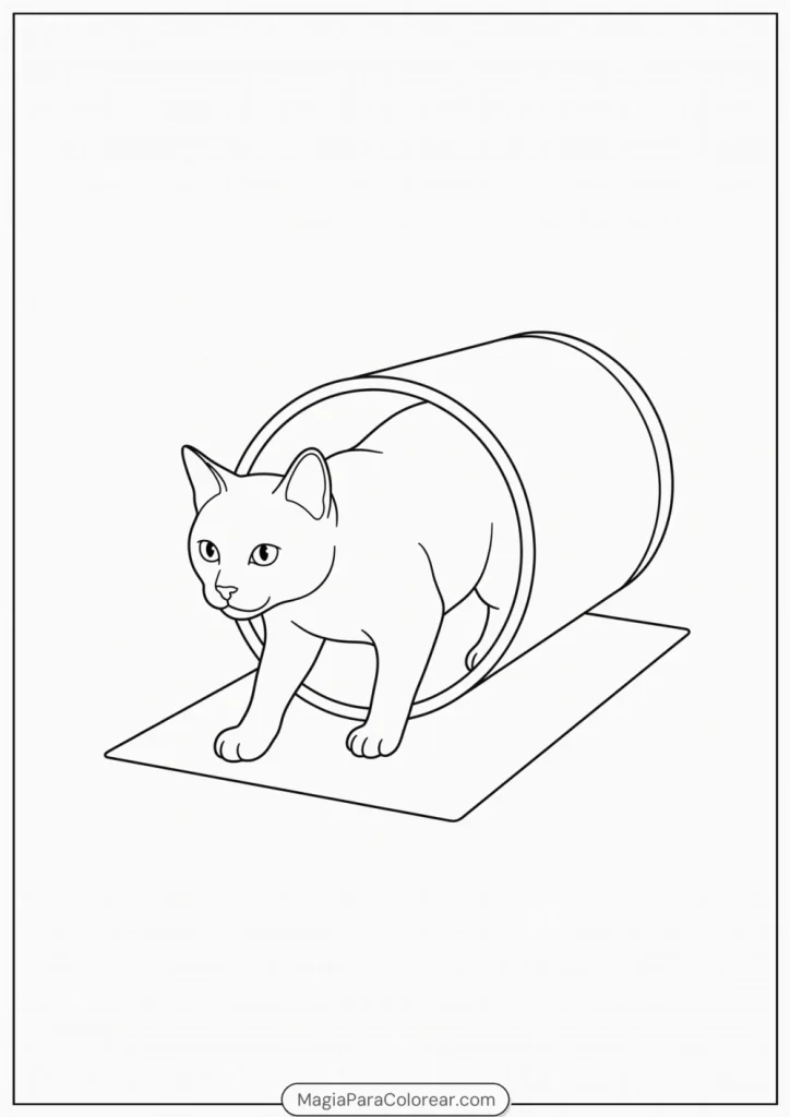 Gato saliendo naturalmente de un túnel de juego para colorear