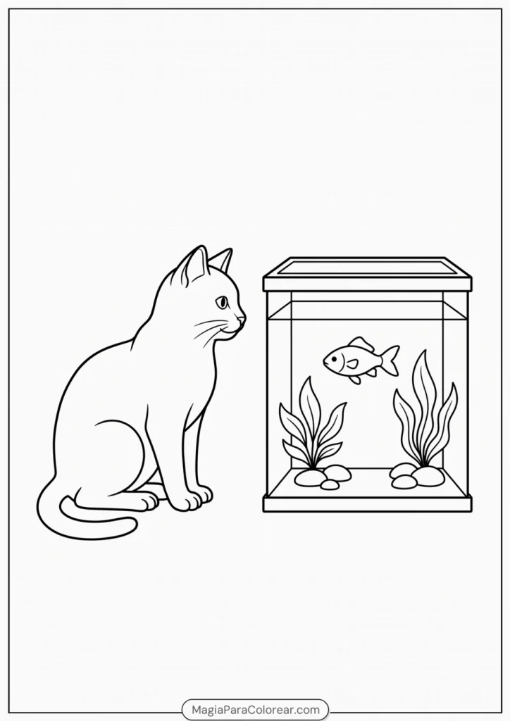 Gato sentado observando un pez en un acuario para colorear