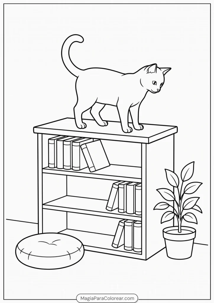 Gato sobre una estantería con libros observando la habitación para colorear