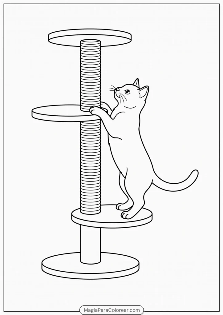 Gato trepando por un árbol para gatos con plataformas para colorear