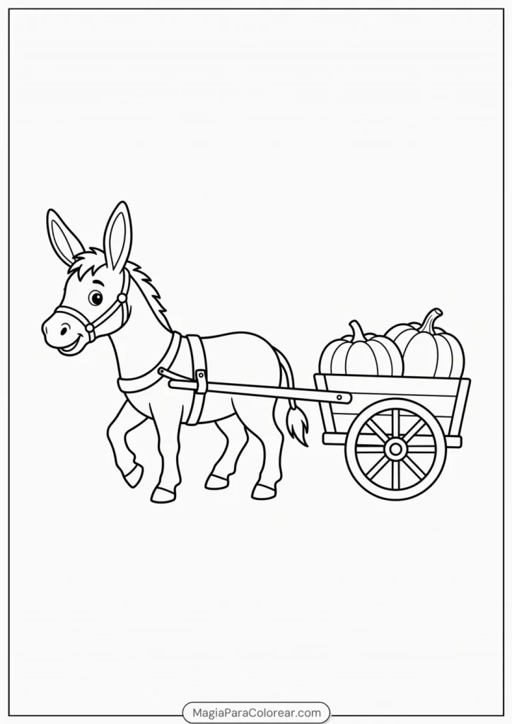 Burro tirando de un carrito que lleva dos calabazas para colorear