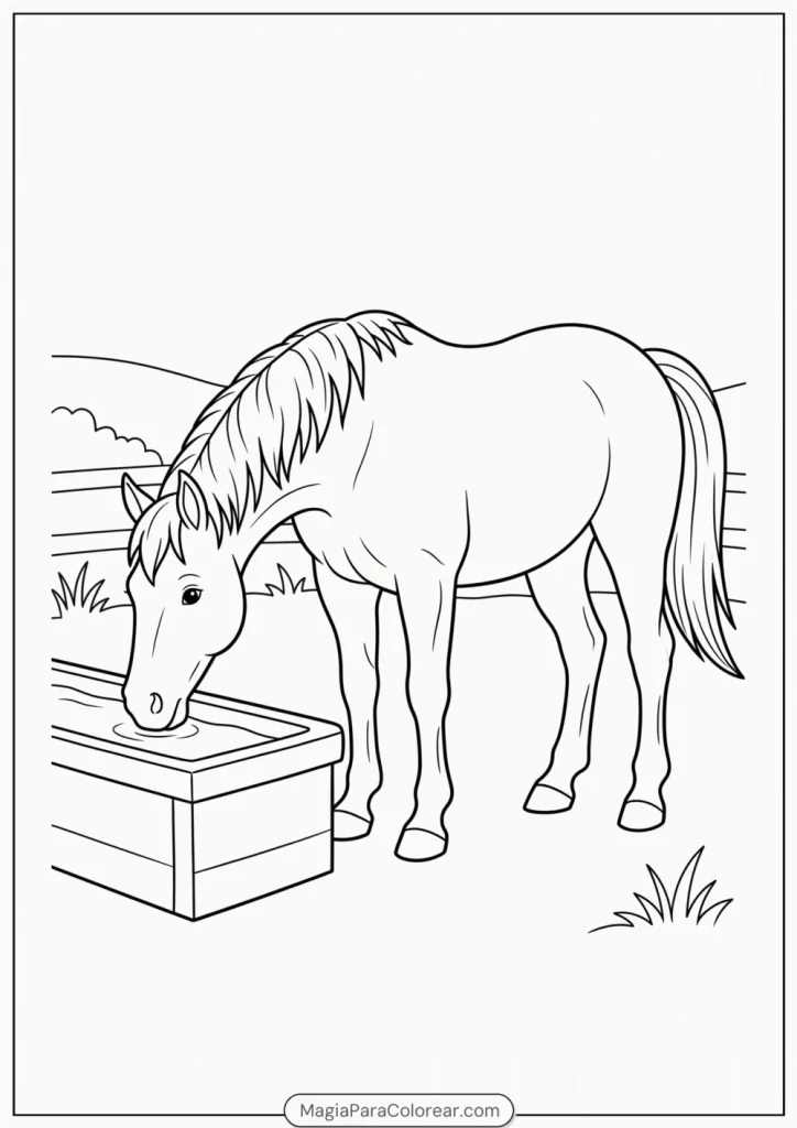 Caballo bebiendo agua de un abrevadero en la granja para colorear