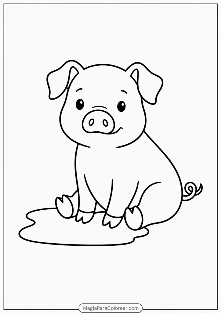 Cerdito sentado en un charco de barro para colorear