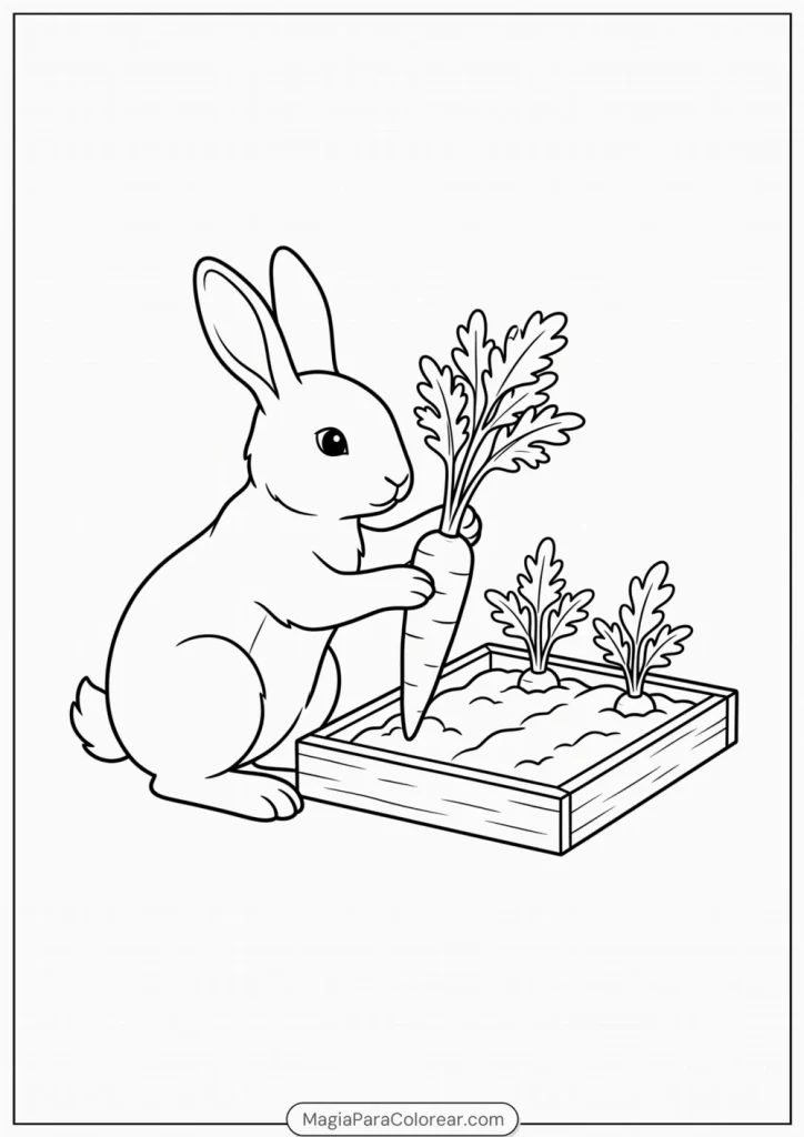 Conejo sacando una zanahoria de un pequeño huerto para colorear