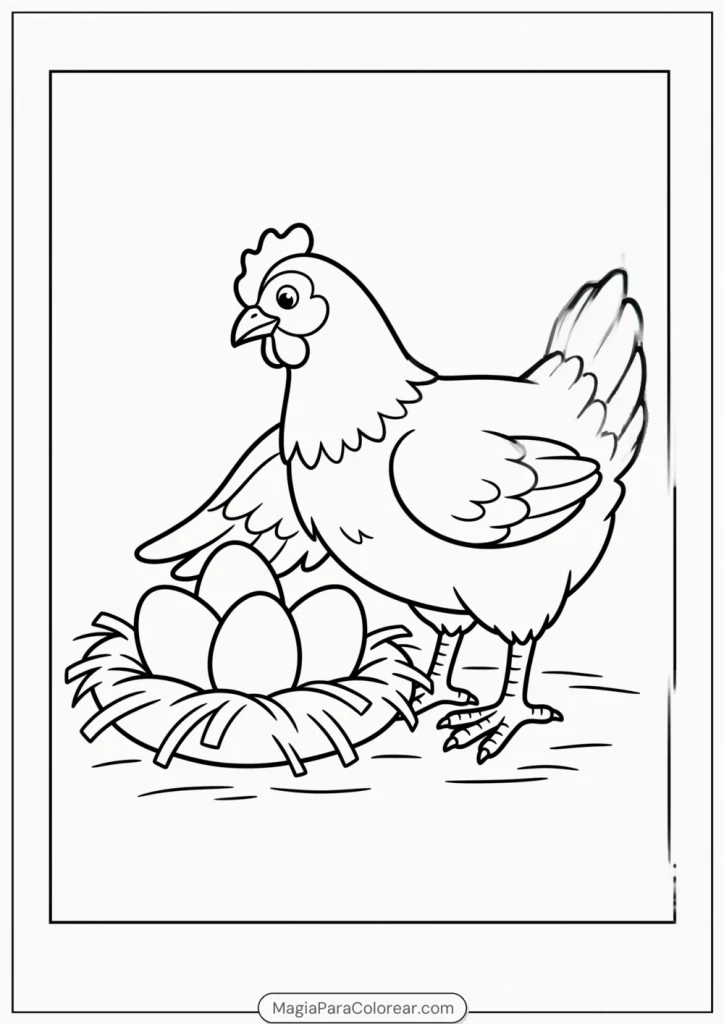 Gallina acomodando tres huevos dentro de su nido para colorear