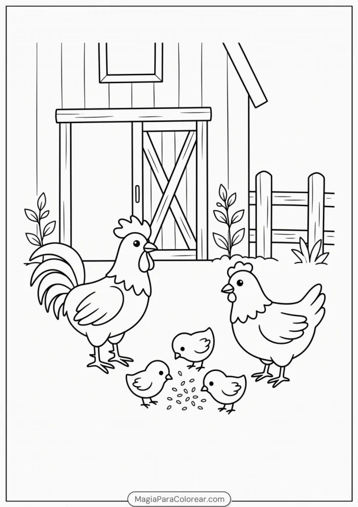 Gallo, gallina y tres pollitos picoteando junto al granero para colorear