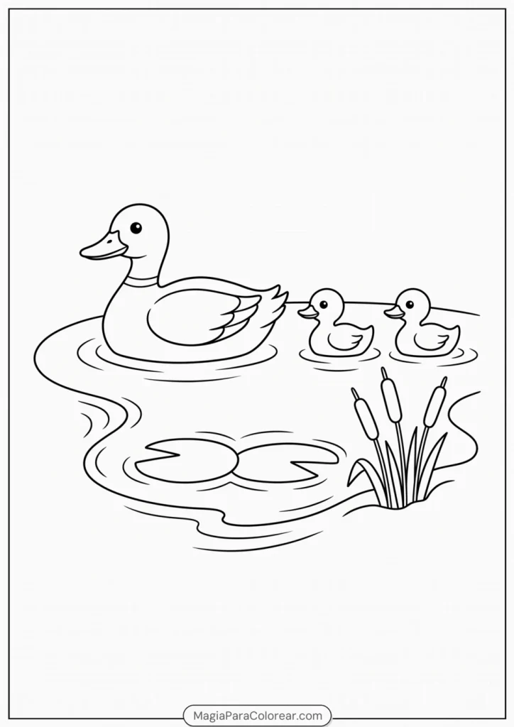 Pata guiando a dos patitos entre nenúfares para colorear
