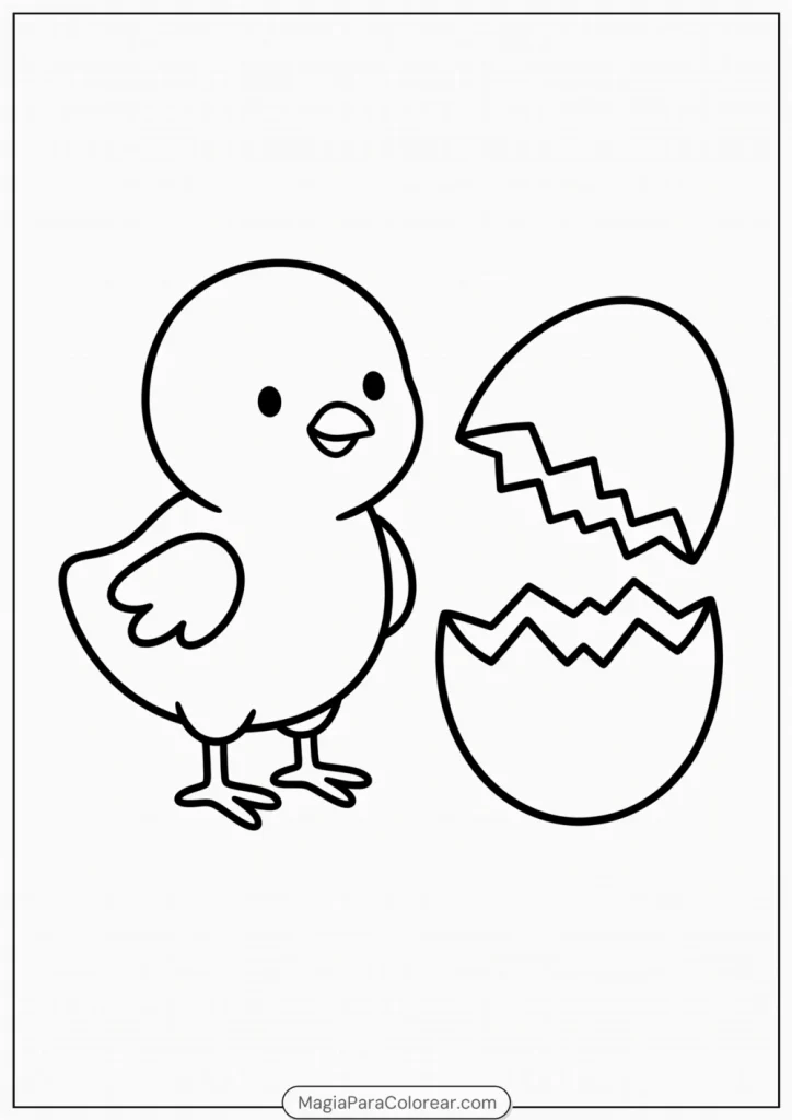 Pollito recién nacido junto a su cascarón abierto para colorear