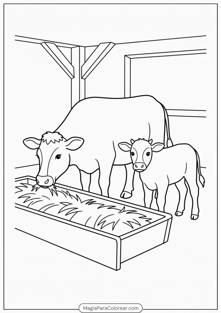 Vaca y ternero comiendo heno en un establo para colorear