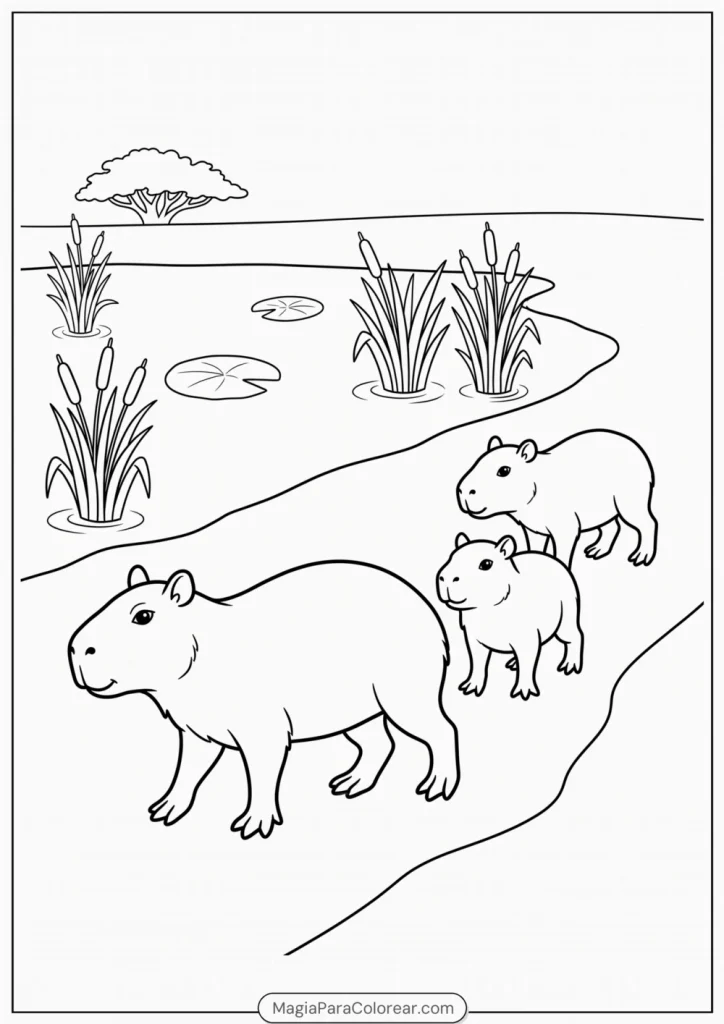 Capibara adulto con dos crías caminando por un humedal para colorear