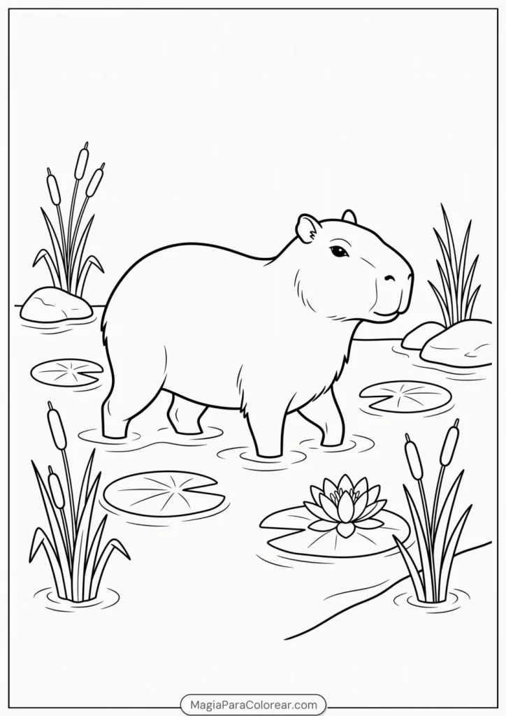 Capibara cruzando un brazo de agua poco profundo entre nenúfares para colorear
