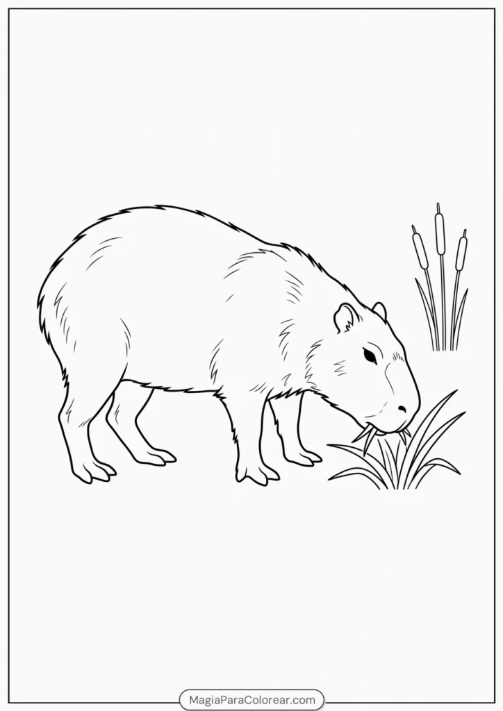 Capibara mordisqueando hierba junto a tres juncos para colorear