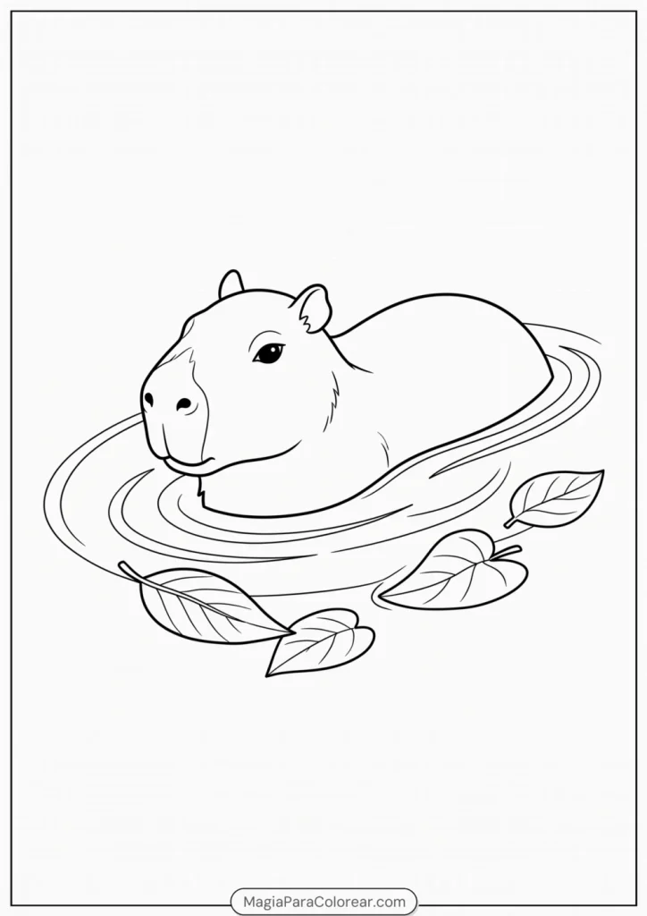 Capibara nadando con la cabeza sobre el agua entre hojas flotantes para colorear