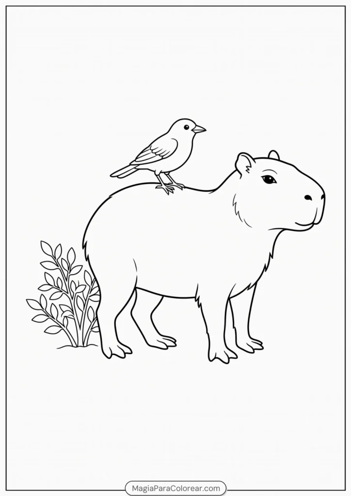 Capibara de pie con un pequeño pájaro posado en el lomo para colorear