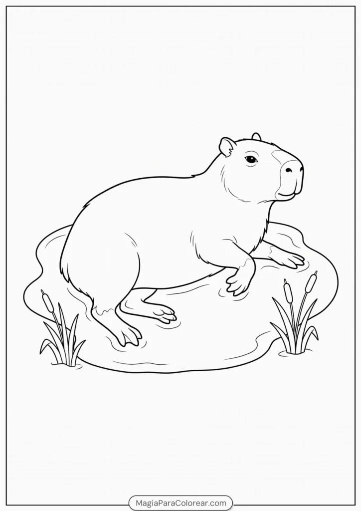 Capibara revolcándose de lado en una zona de barro para colorear