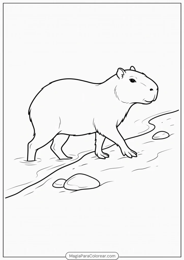 Capibara saliendo del agua por una orilla de arena para colorear