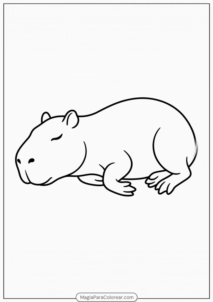 Capibara tumbado de lado con los ojos cerrados para colorear