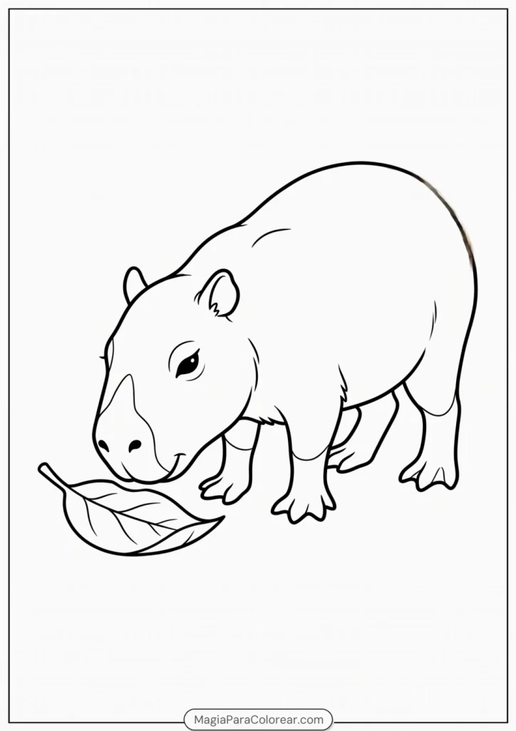 Cría de capibara olfateando una hoja grande para colorear
