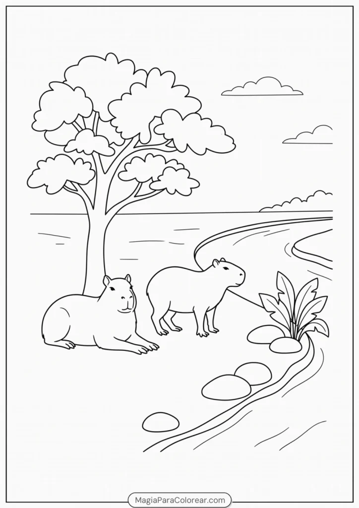 Dos capibaras descansando bajo un árbol junto al río para colorear