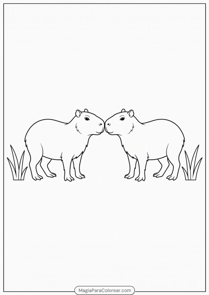 Dos capibaras rozándose suavemente los hocicos para colorear
