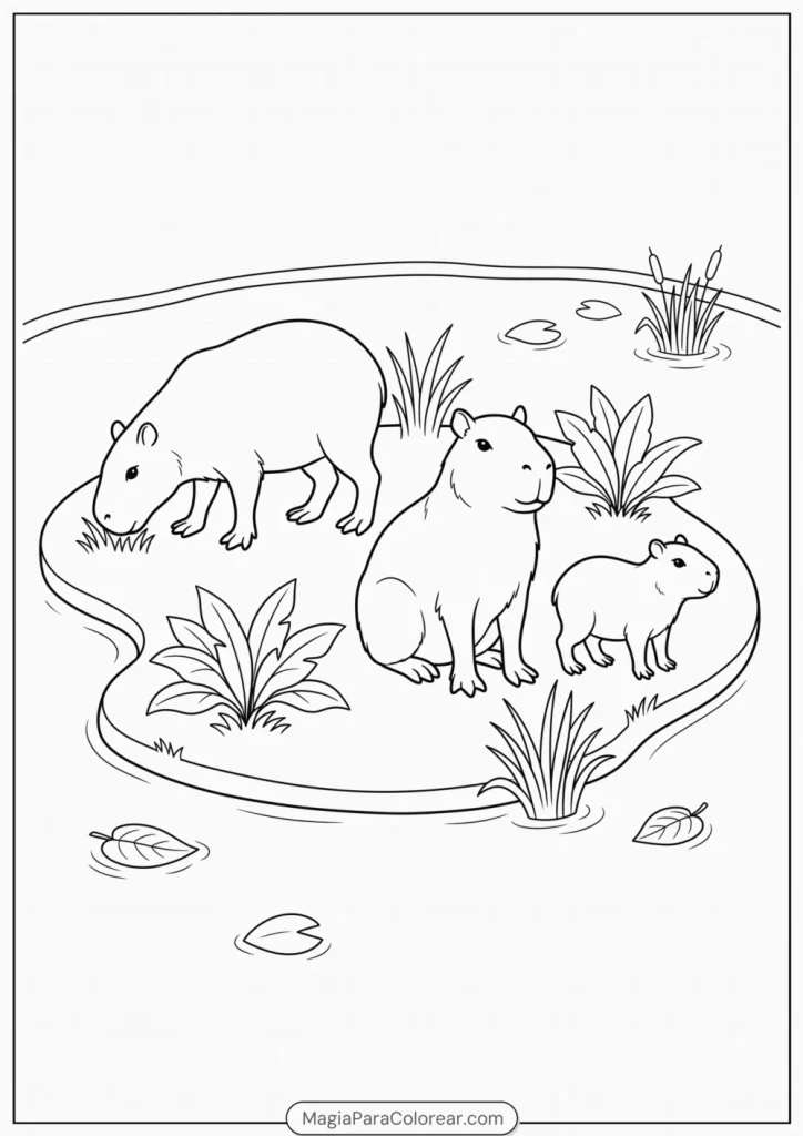Tres capibaras reunidos en una isla de hierba rodeada de agua para colorear